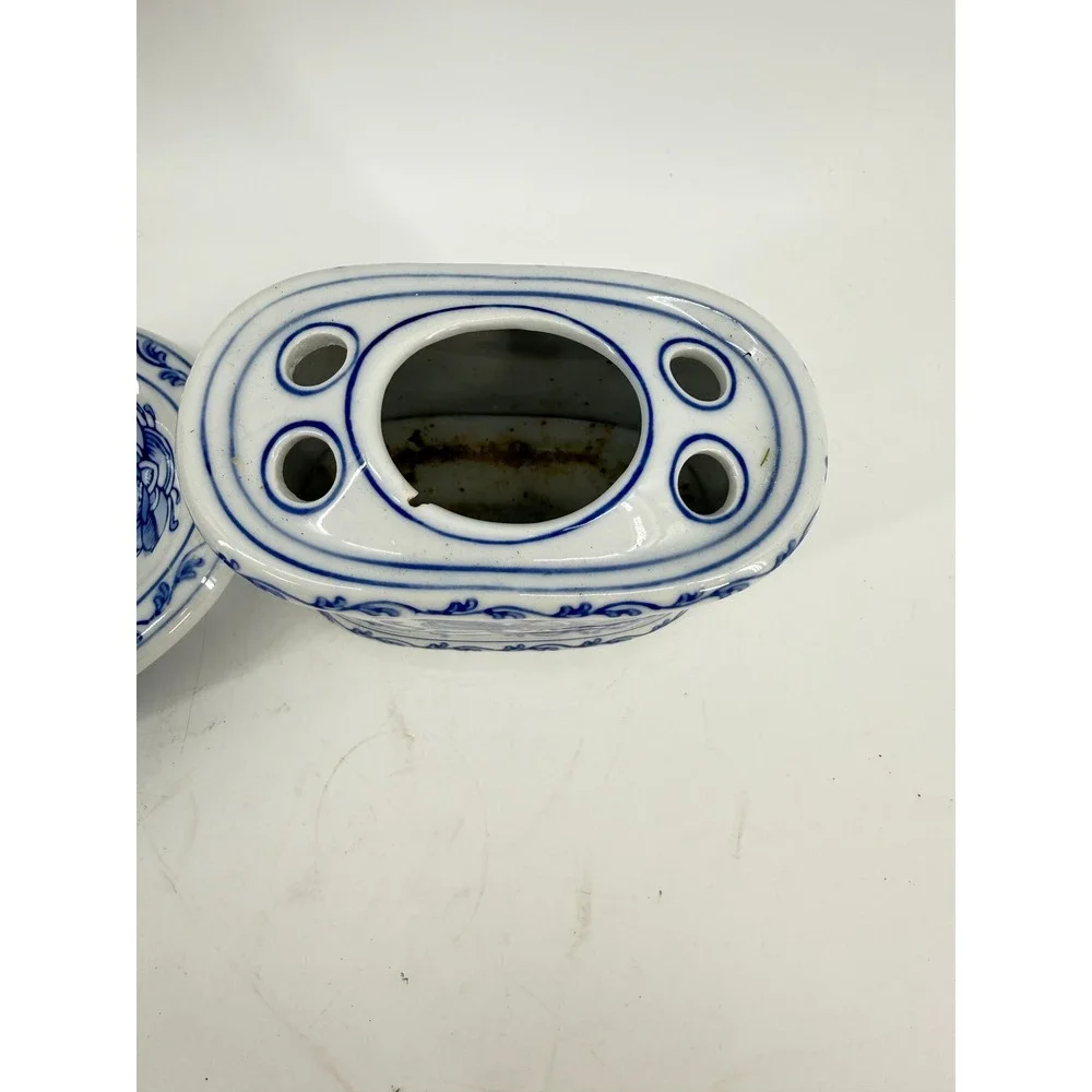 Unbranded Bathroom Vanity Set 1970s OS Blue White Floral Ceramic 2pc Vintage